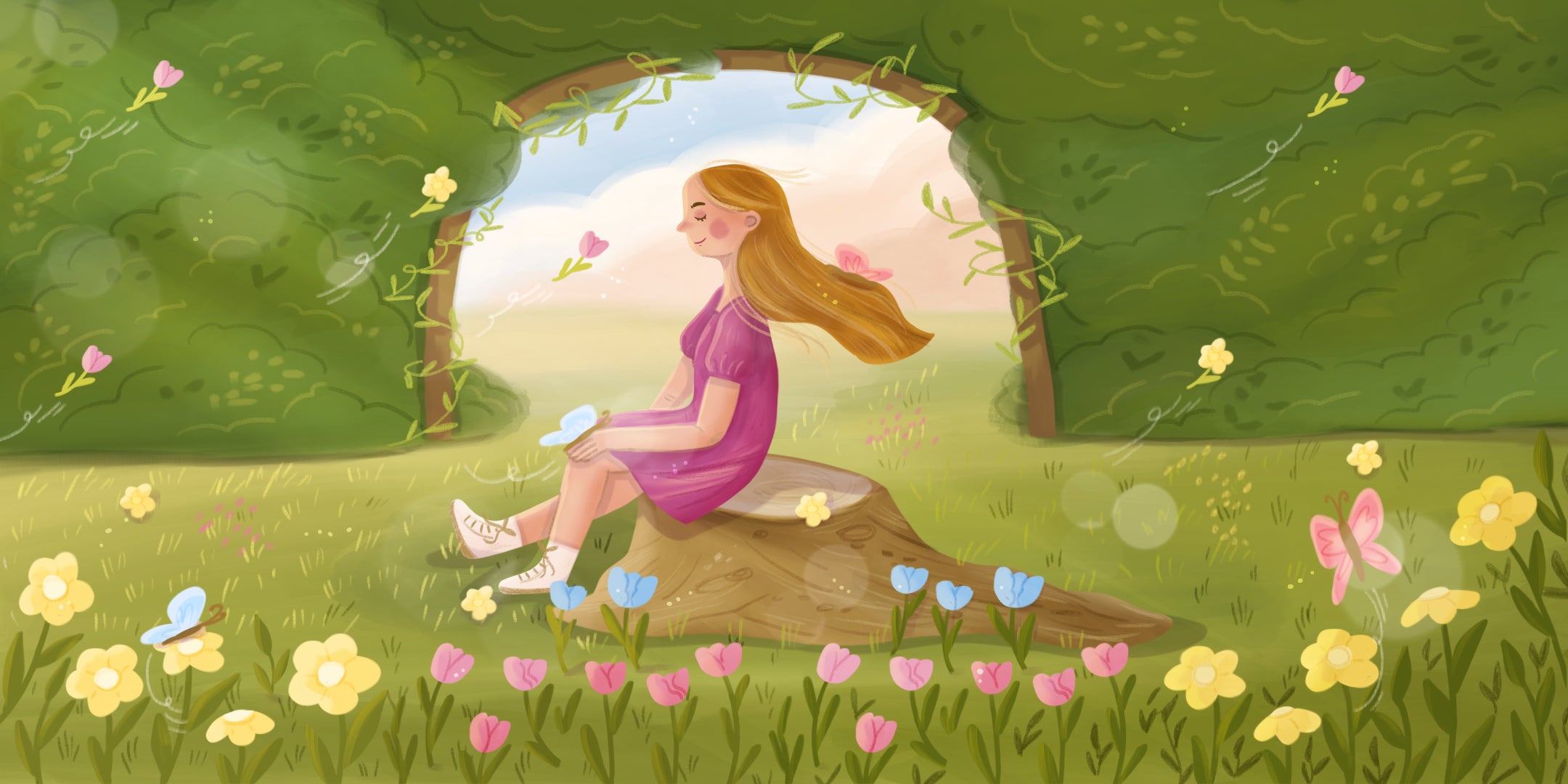 A girl sits peacefully in a vibrant field filled with flowers, surrounded by fluttering butterflies in a serene setting.