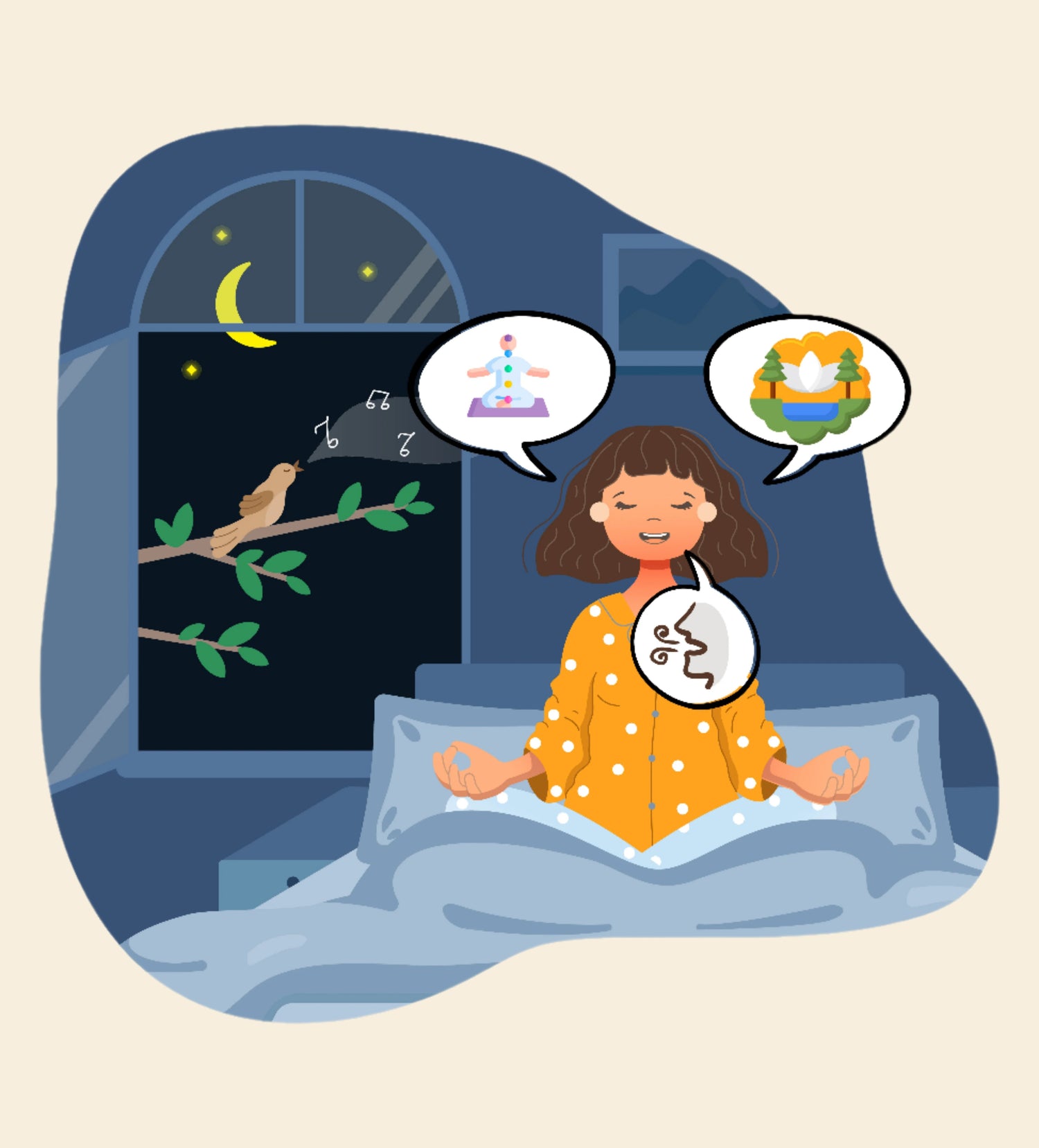 A person in bed meditates with speech bubbles showing yoga, healthy food, and sleep symbols. A bird sings outside the window at night.