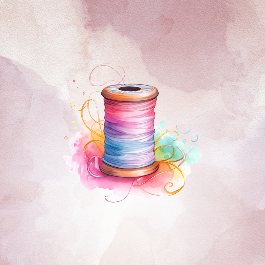 A spool of colorful thread positioned against a soft pink background, showcasing its vibrant hue and texture.