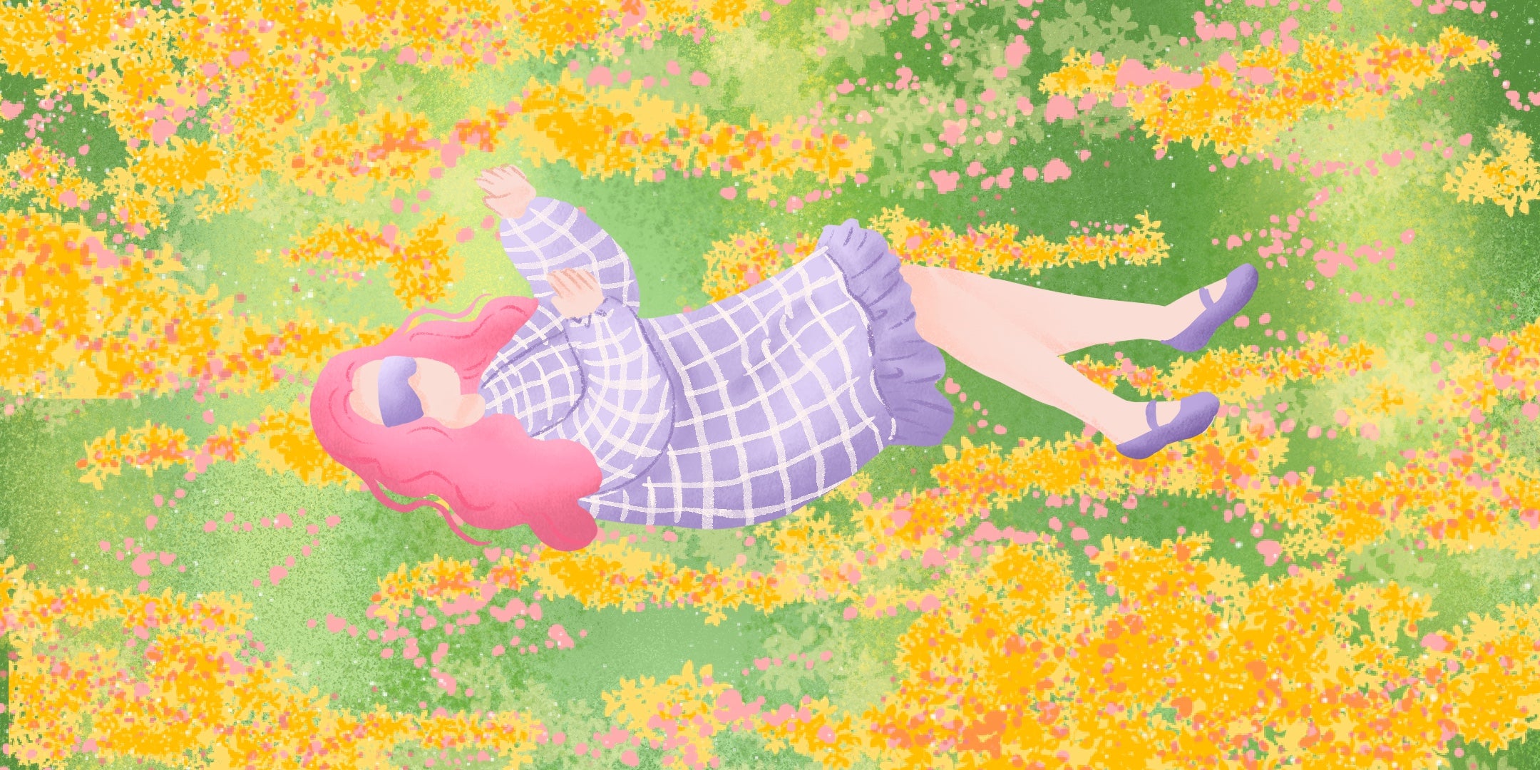 A cartoon girl relaxes in a vibrant field of yellow flowers, enjoying a sunny day surrounded by nature's beauty.